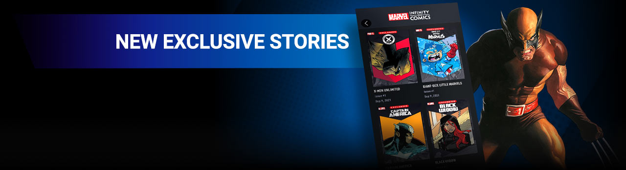 New exclusive stories. Introducing Infinity Comics! Read all-new in-universe stories, told in vertical format! Wolverine with Marvel Infinity Comics screen from the app.
